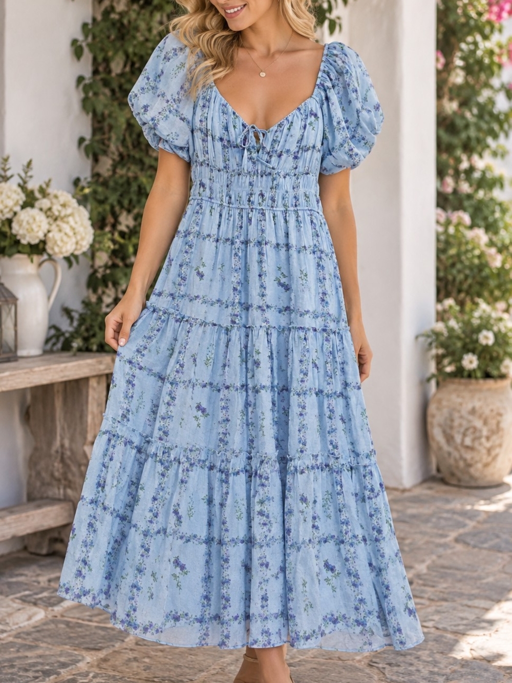 Trixxi Light Blue Floral Puff-Sleeve Maxi Dress